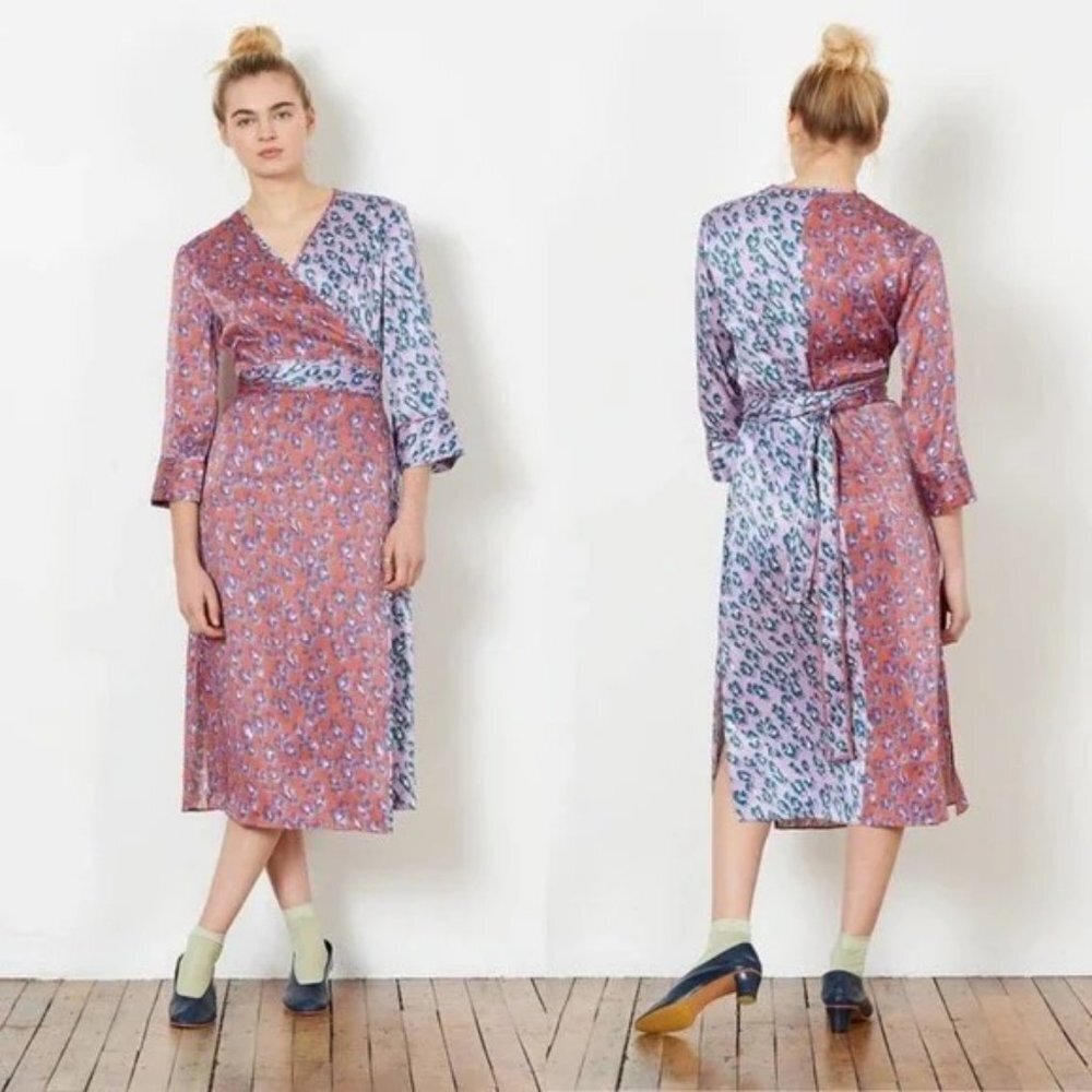 Rachel Antonoff Willow Midi Wrap Dress in Lilac Leopard Small